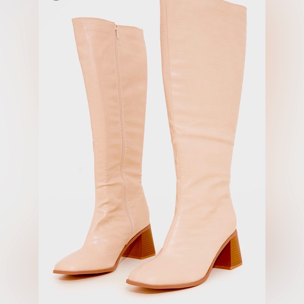 Cream Wide Fit PU Croc Square Toe Mid Block Heeled Knee